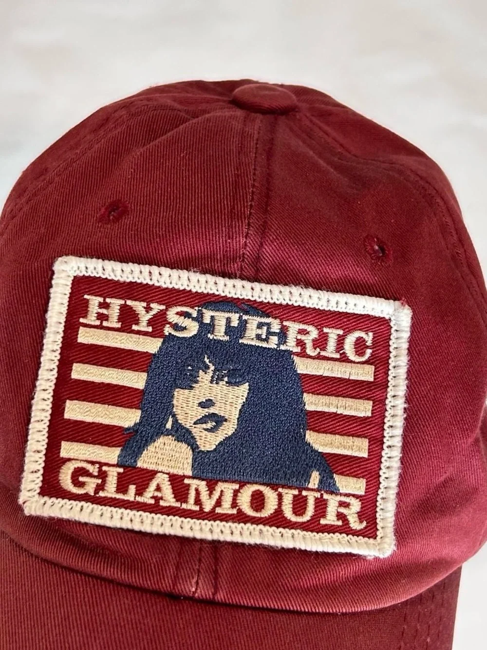 Hysteric Glamour burgundy baseball cap with embroidered patch